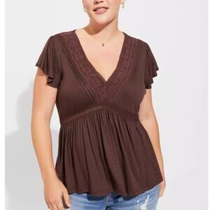 Torrid Knit V-Neck Lace Inset Babydoll Top Brown Short Sleeve Plus Size 5X